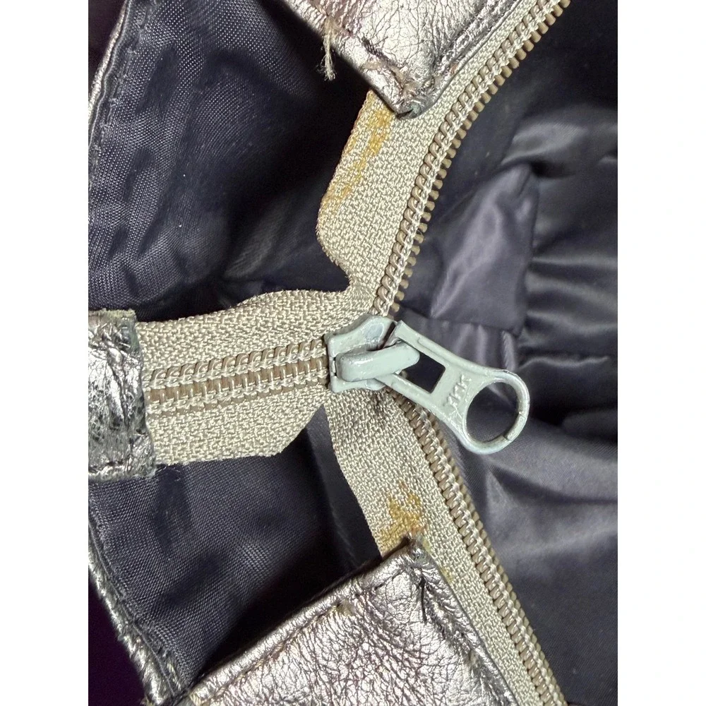 Vtg Y2K Shih Metallic Silver Leather Bag Cyberpunk Goth Punk Rock Grunge STAINED